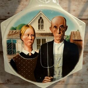 Vintage Ceramic Wall Plaque Plate with American Gothic Design